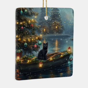 Svart katt jul - festlig resa julgransprydnad keramik