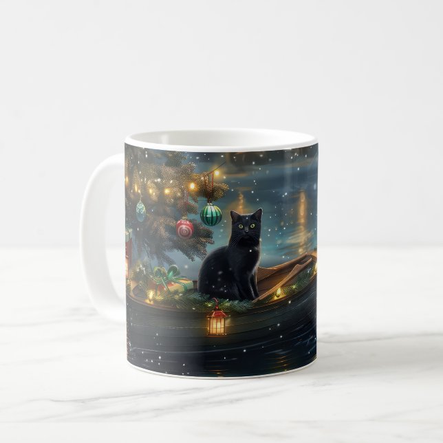 Svart katt jul - festlig resa kaffemugg (Framsida vänster)