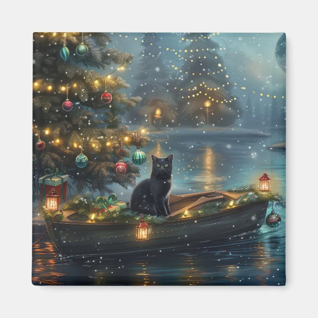 Svart katt jul - festlig resa magnet (Framsidan)