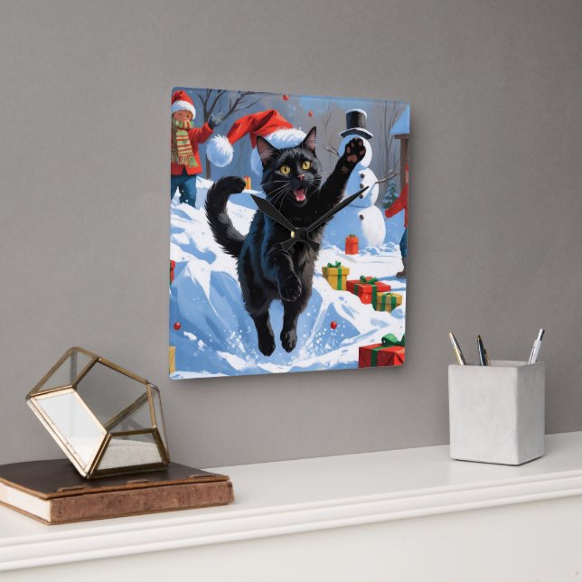 Svart katt jul firande snöscen fyrkantig klocka (Kontor)