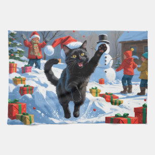 Svart katt jul firande snöscen kökshandduk
