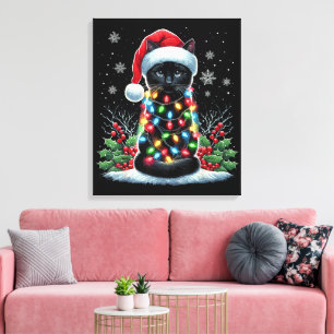 Svart Katt Jul Santa Hatt Rolig Meowy Katt Canvastryck