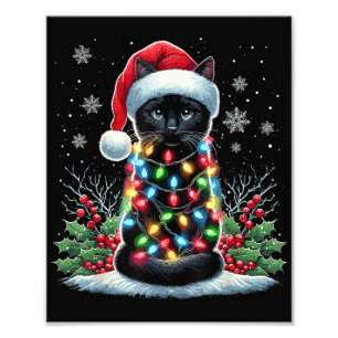 Svart Katt Jul Santa Hatt Rolig Meowy Katt Fototryck