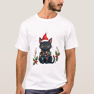 Svart katt jul Santa hatt rolig Meowy katt T-Shirt