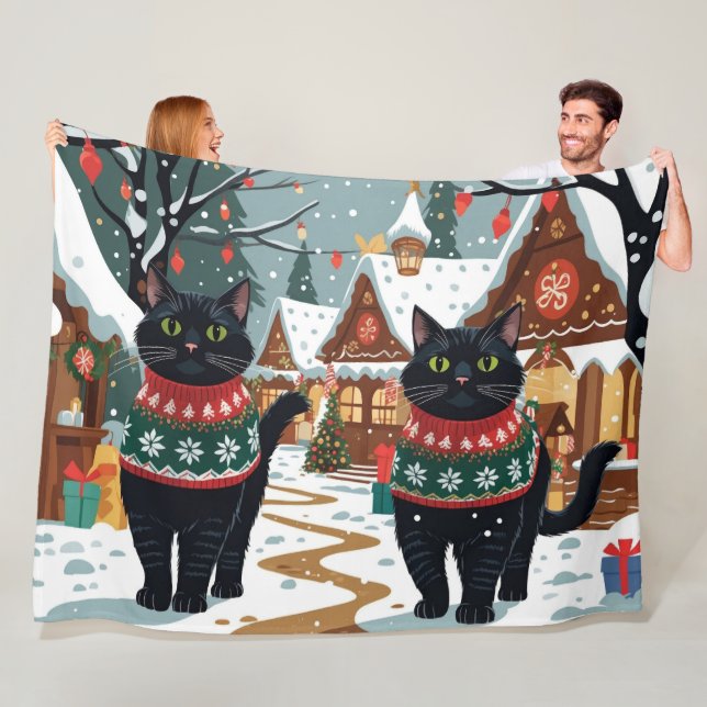 Svart katt jul snö semester fleecefilt (På plats)