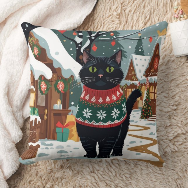 Svart katt jul snö semester kudde (Filt)