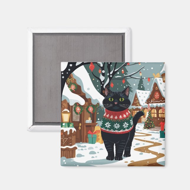 Svart katt jul snö semester magnet (Front/Back)