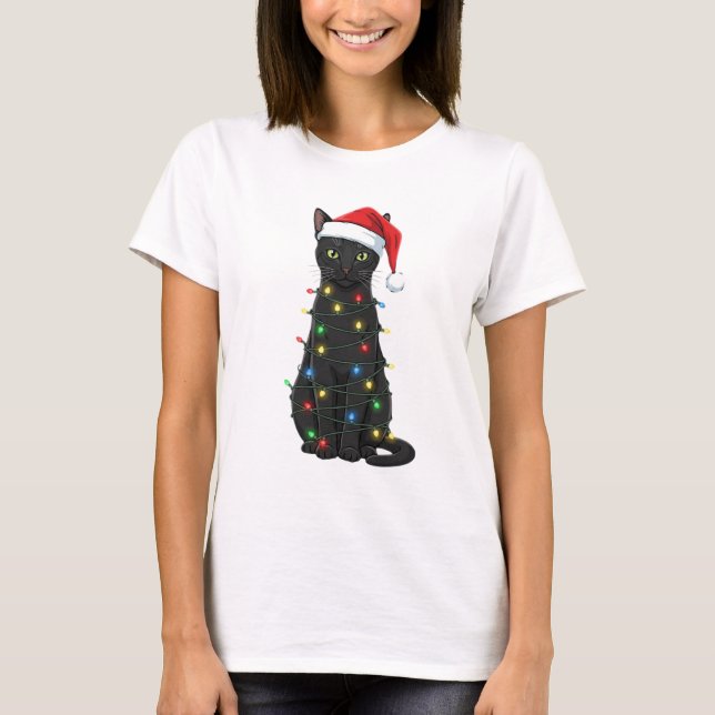 Svart Katt Jul Tomte Älskare T Shirt (Framsida)