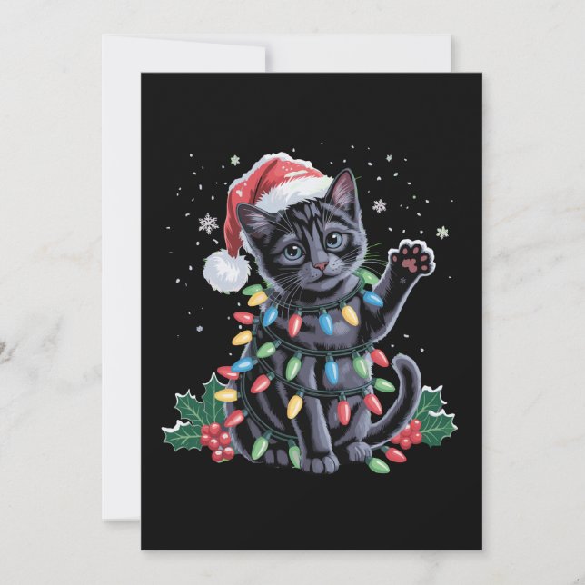 Svart Katt Jul Tomte Hatt Meowy Xmas Högtid Julkort (Framsida)