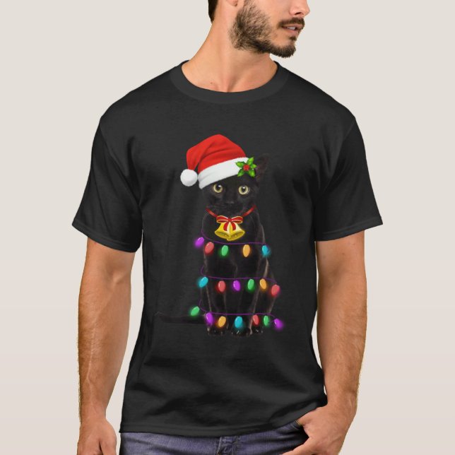 Svart katt julbelysning katt jul t shirt (Framsida)