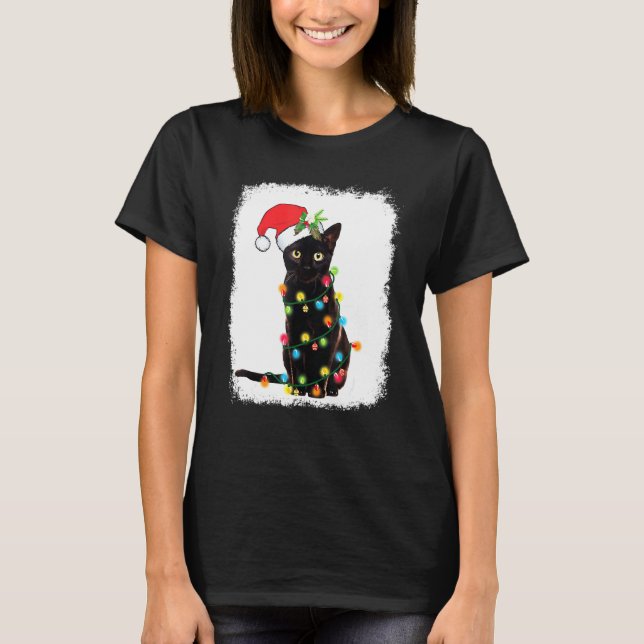 Svart Katt Julbelysning Katt Jul T Shirt (Framsida)
