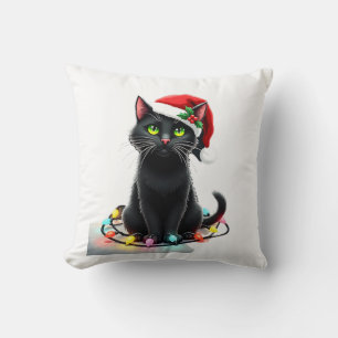 Svart Katt Julbelysning Tomte Hatt Roligt Jul Katt Kudde