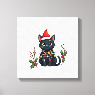 Svart Katt Julen Santa Hatt Rolig Meowy Katt T-Shi Canvastryck