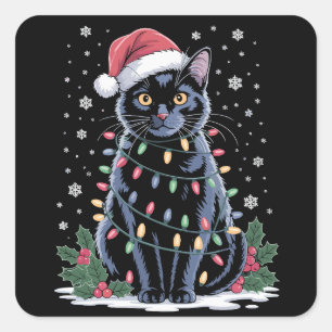 Svart katt julen Santa hatt rolig Meowy katter Fyrkantigt Klistermärke