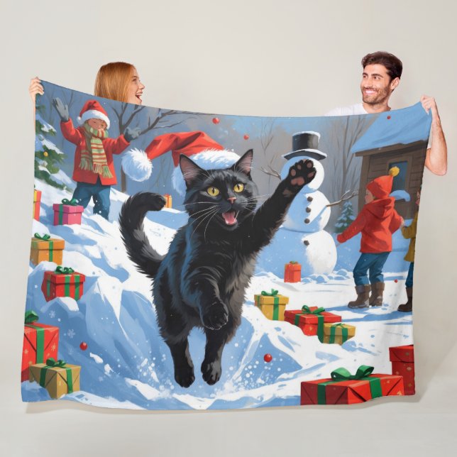 Svart katt julfirande snöscen fleecefilt (På plats)