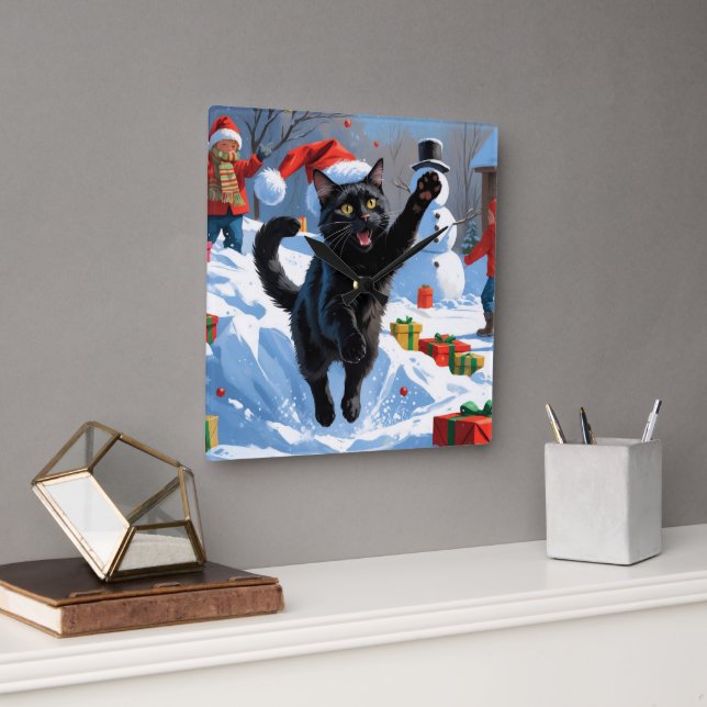 Svart katt julfirande snöscen fyrkantig klocka (Kontor)