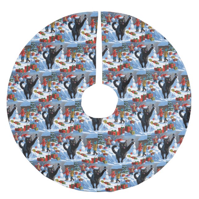 Svart katt julfirande snöscen julgransmatta borstad polyester (Framsidan)