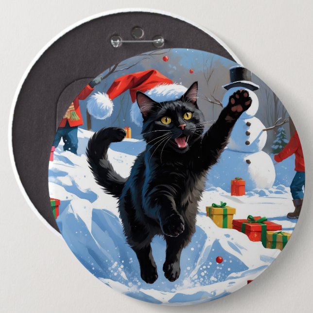 Svart katt julfirande snöscen knapp (Framsida & baksida)