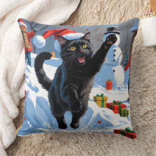 Svart katt julfirande snöscen kudde