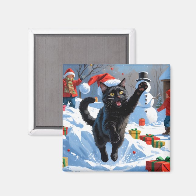 Svart katt julfirande snöscen magnet (Front/Back)