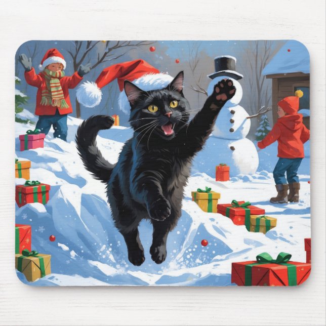 Svart katt julfirande snöscen musmatta (Framsidan)