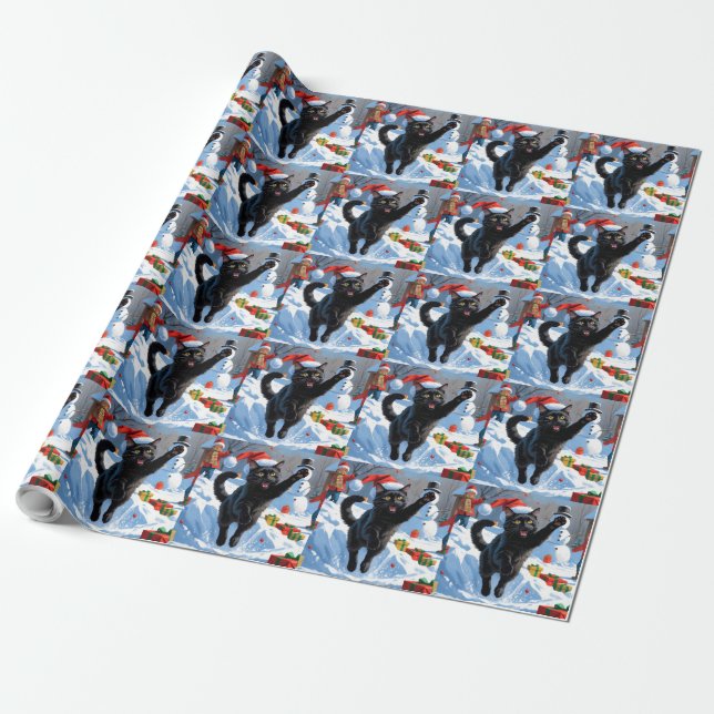 Svart katt julfirande snöscen presentpapper (Utrullad)