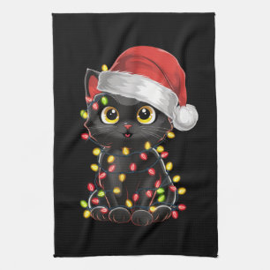Svart Katt Julgran Ljus Rolig Santa Kattunge Kökshandduk