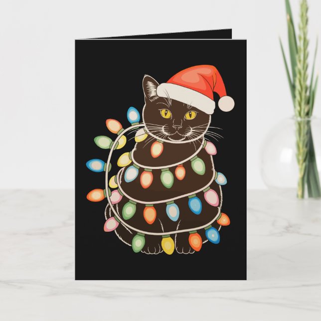 Svart Katt Julgran Ljussättning Tomte Hatt Jul Kort (Framsida)