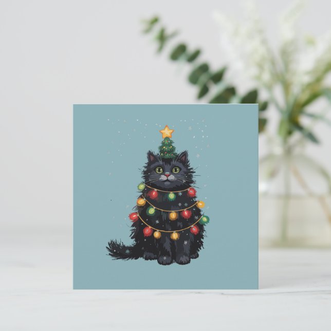 Svart Katt Julgran Oljemålning Förändrad  Julkort (Stående Fram)