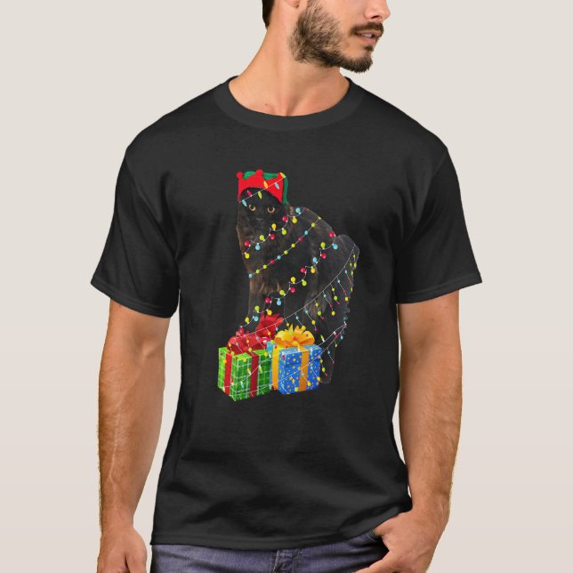Svart katt julgransljus med förhandspresenter t shirt (Framsida)