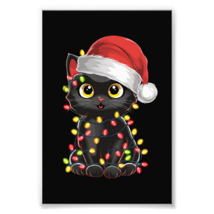 Svart katt julgransljus Rolig Santa kattunge Fototryck