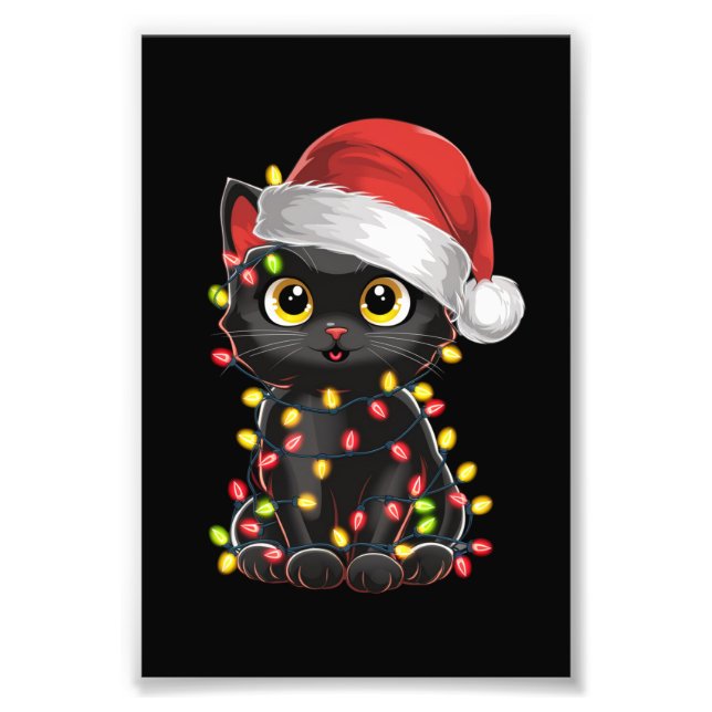 Svart katt julgransljus Rolig Santa kattunge Fototryck (Framsidan)