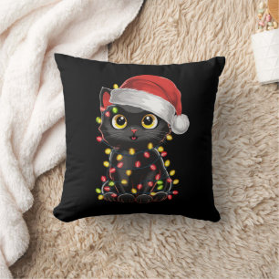 Svart Katt Julgransljus Rolig Santa Kattunge Kudde