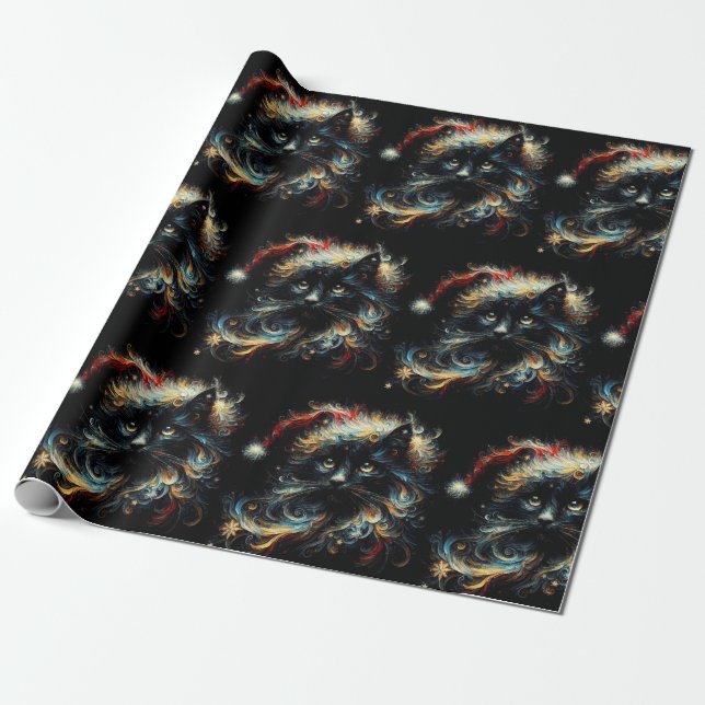 Svart Katt Julhatt Decoupage med fantasifull desig Presentpapper (Utrullad)