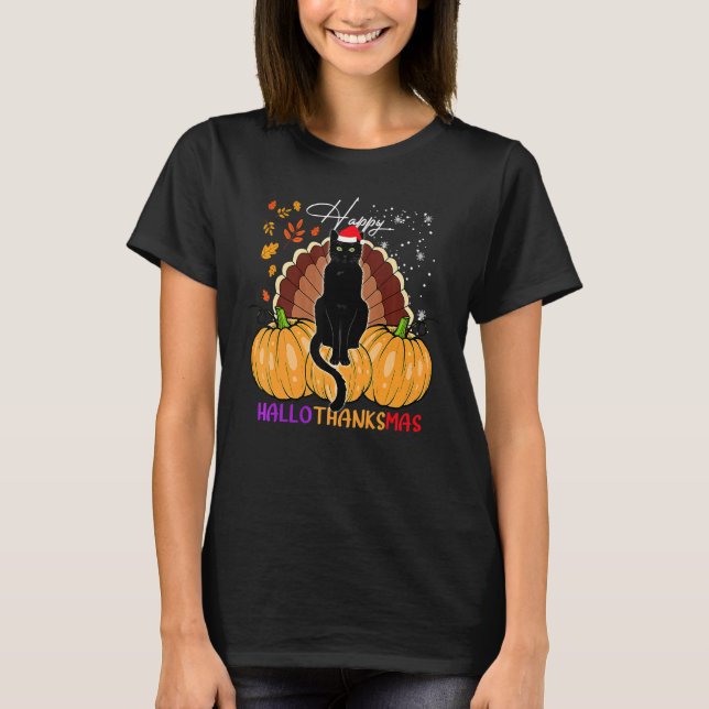 Svart Katt Julhatt Glad Hallothanksmas Pumpa S T Shirt (Framsida)