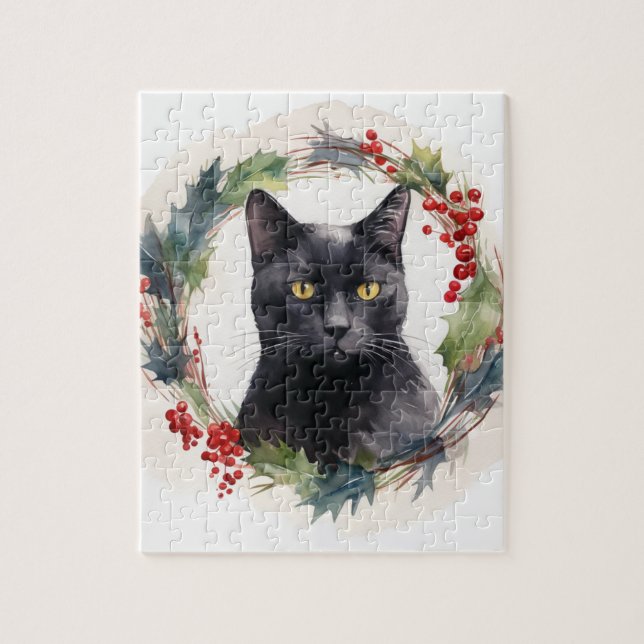 Svart Katt Julkrans Festliga Kattunge Pussel (Vertikal)