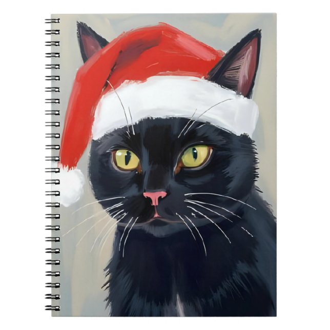 Svart katt | Julmålning Santa hatt Anteckningsbok (Framsidan)