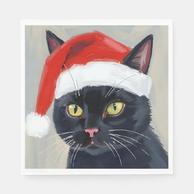 Svart katt julmålning Santa hatt Pappersservett (Framsidan)