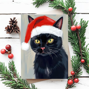 Svart katt julmålning tomteluva julkort