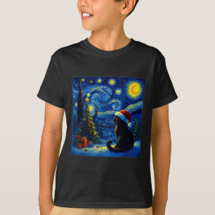 Svart katt jultomte mössa Van Gogh Stjärnkväll jul T Shirt