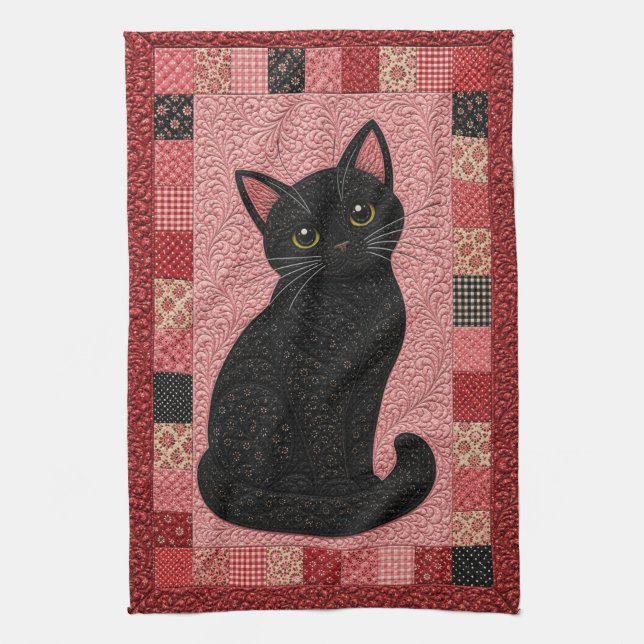 Svart Katt K quilt  Kökshandduk (Vertikal)