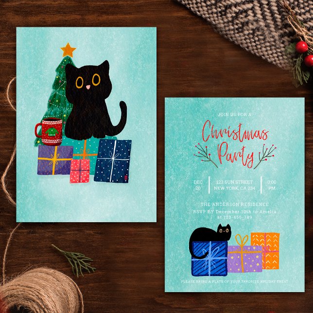 Svart Katt Kaffe Blå Julfest Inbjudan (Skapare uppladdad)