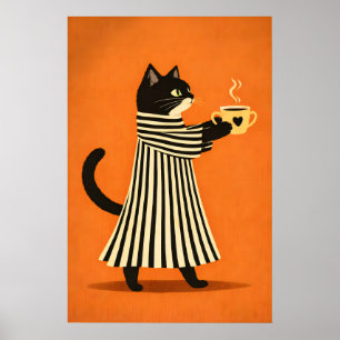 Svart Katt Kaffeaffisch, Minimalistisk Djurkonst Poster