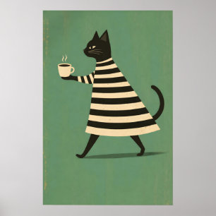 Svart Katt Kaffeaffisch, Minimalistisk Katt Poster