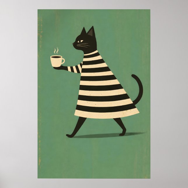 Svart Katt Kaffeaffisch, Minimalistisk Katt Poster (Framsidan)