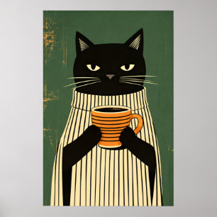 Svart Katt Kaffeaffisch, Minimalistisk Katt Väggko Poster