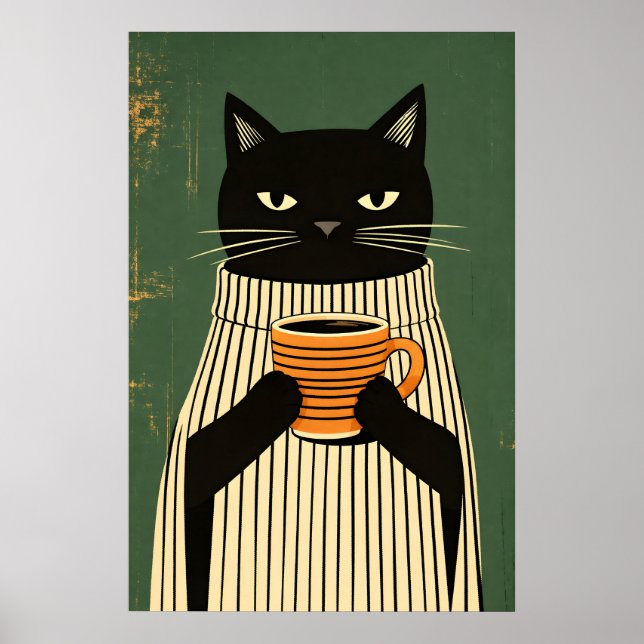 Svart Katt Kaffeaffisch, Minimalistisk Katt Väggko Poster (Framsidan)