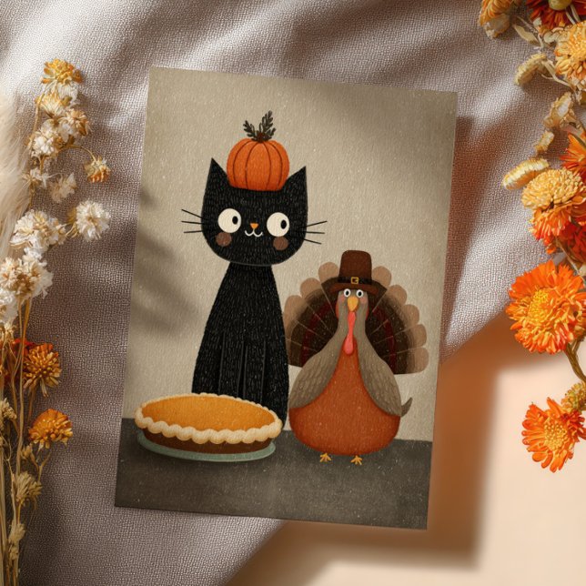 Svart katt, kalkon & pumpapaj Söt Thanksgiving Vykort (Skapare uppladdad)