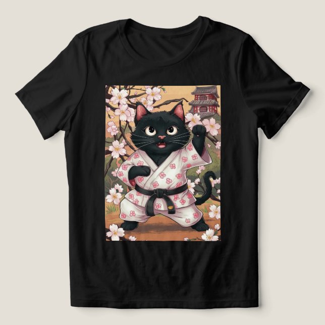 Svart Katt Karate Söt Kimono T Shirt (Design Framsida)