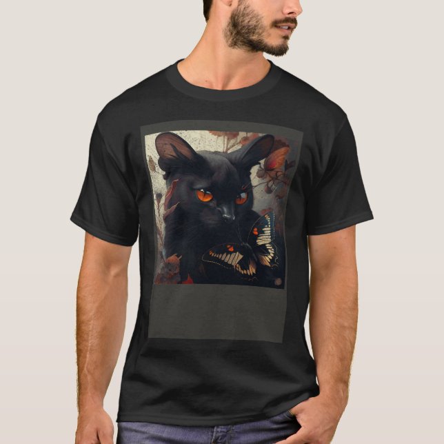 Svart Katt Kärlek Fjäril T Shirt (Framsida)
